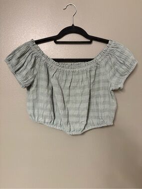 aerie Sage Green Off-Shoulder Smocked Crop Top